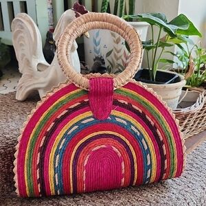 Hand-Painted Rainbow Palm Straw Bag: Half Circle Beach Tote